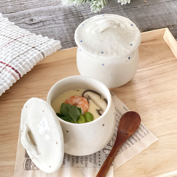 Chawan-Mushi Crackle Glazed Grey Dots / Blue Dots - Great Zakka