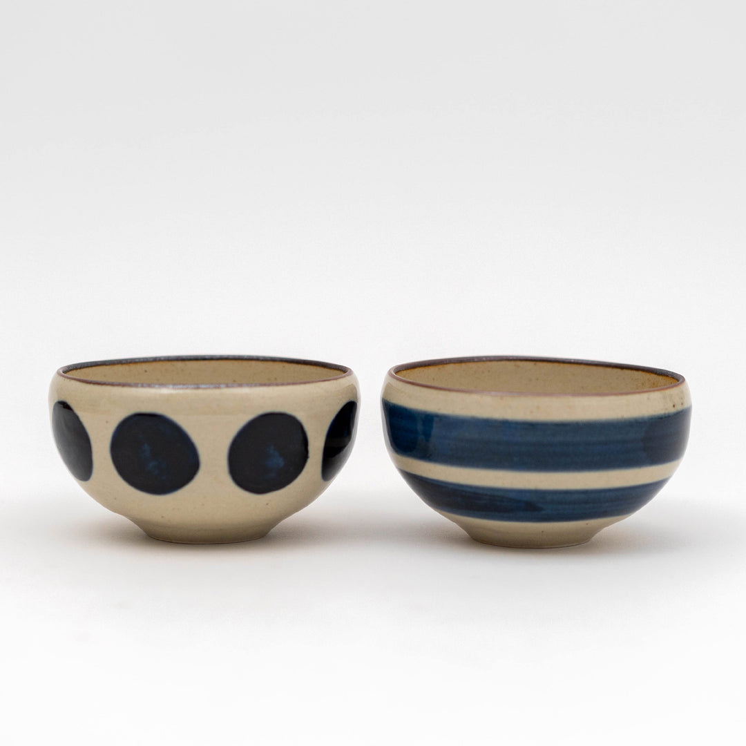 Bread and Rice handmade Mino ware bowls in navy dot and stripe patterns