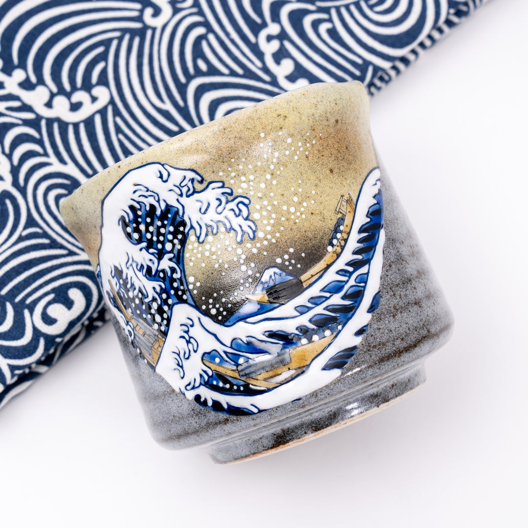 Kutani Ware Hand-Painted Japanese Tea Cup with Hokusai Wave Design - Great Wave off Kanagawa Made in Japan