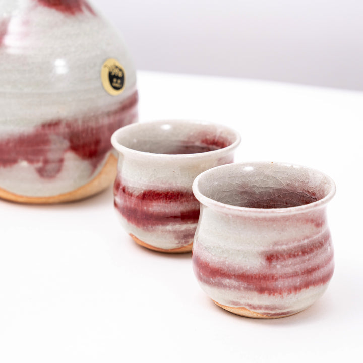 Shigaraki Yaki Handmade Red Crackle Glaze Sake Bottle and Cup Set of 3