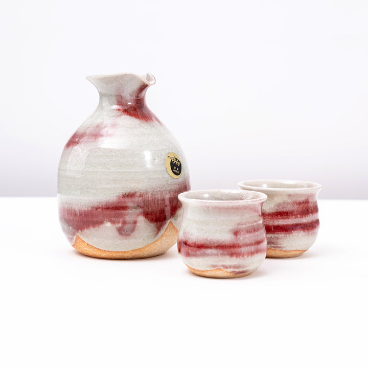 Shigaraki Yaki Handmade Red Crackle Glaze Sake Bottle and Cup Set of 3