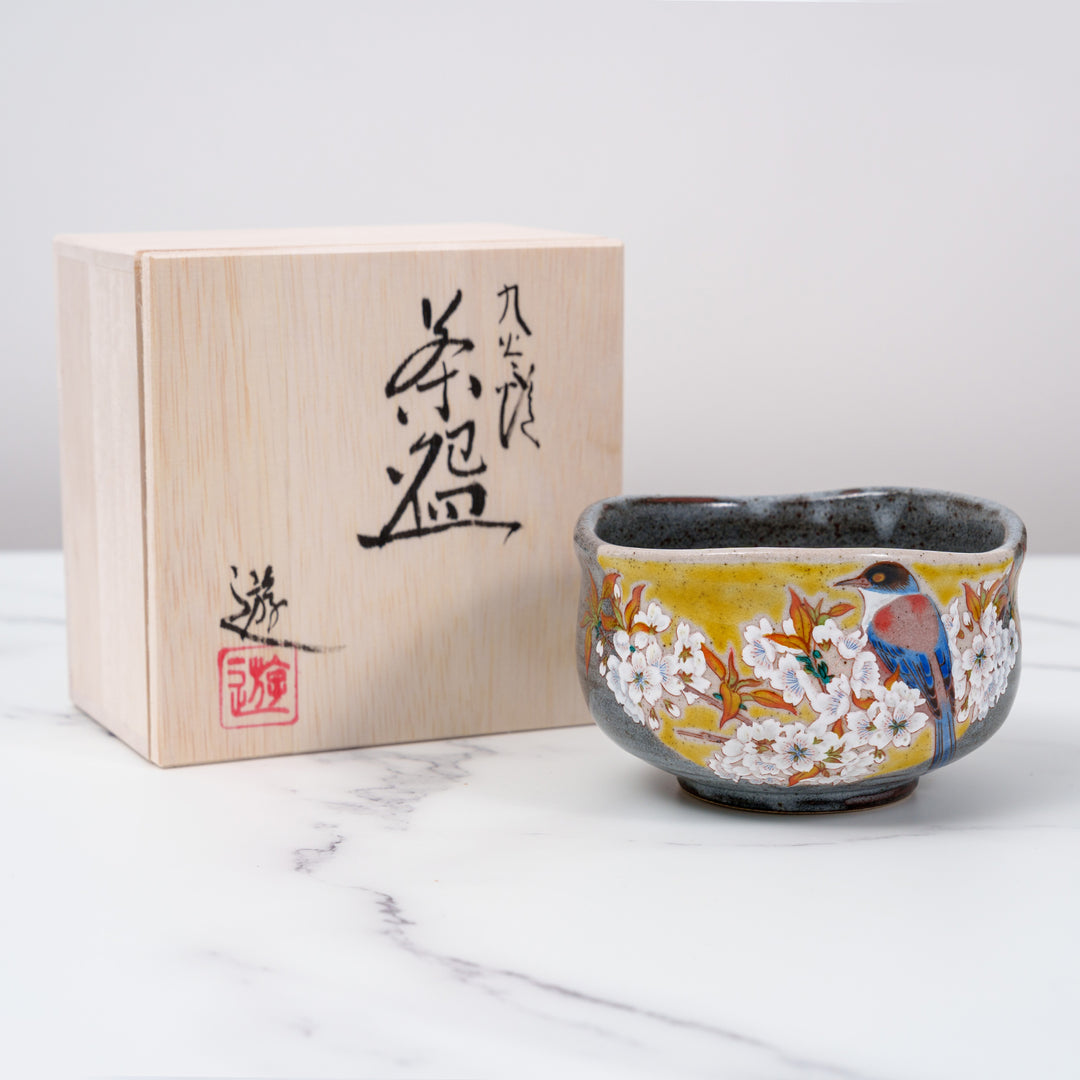 handmade cherry blossom bird matcha bowl wooden box gift made in Japan