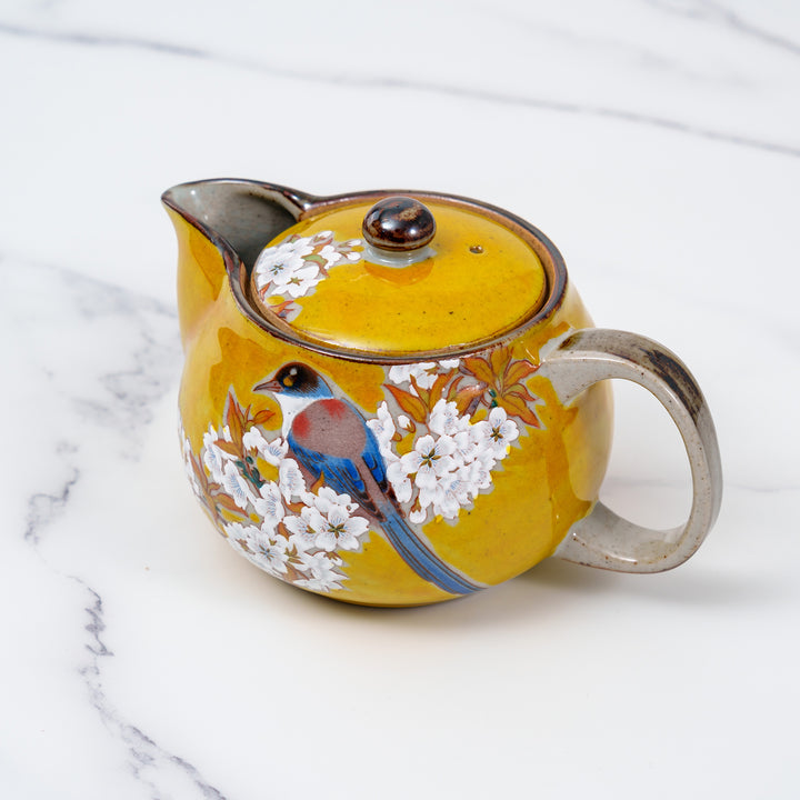 Kutani Ware Handmade Yoshidaya Cherry Bird Teapot - Yellow