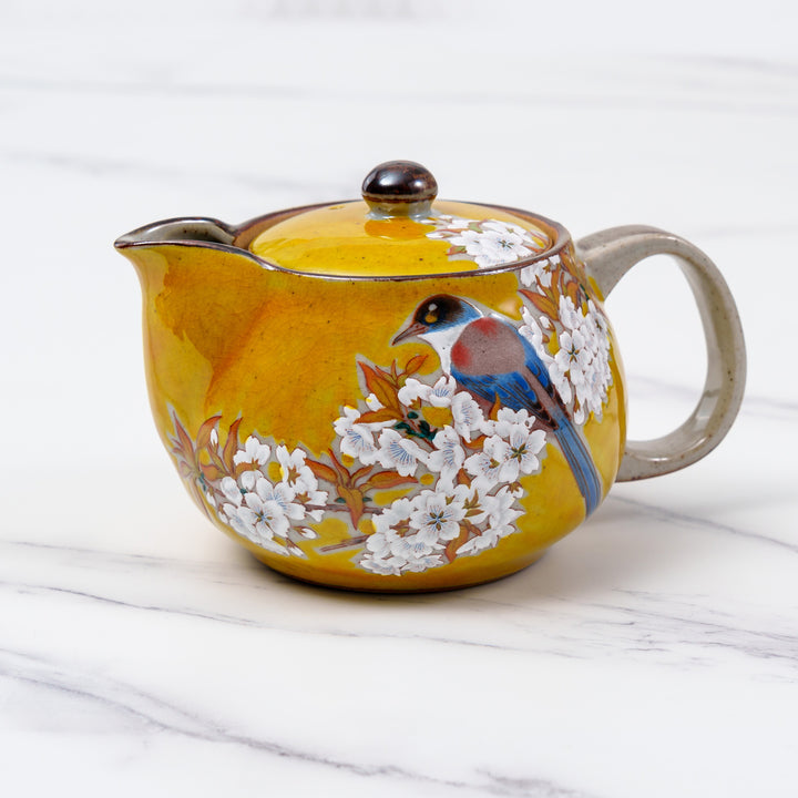 Kutani Ware Handmade Yoshidaya Cherry Bird Teapot - Yellow