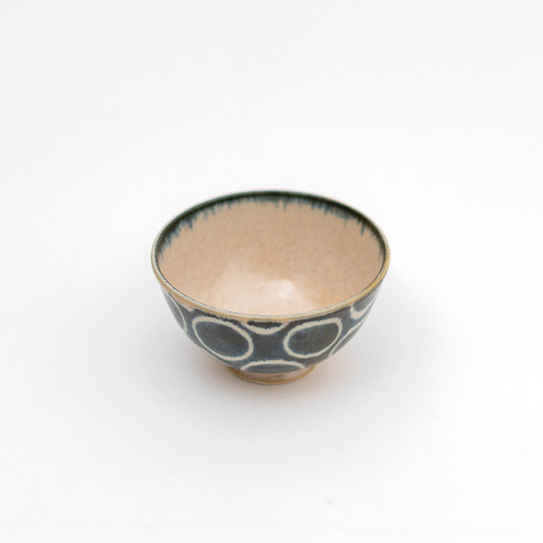 Brush Blue Japanese Mino Ware Rice Bowl - Circles