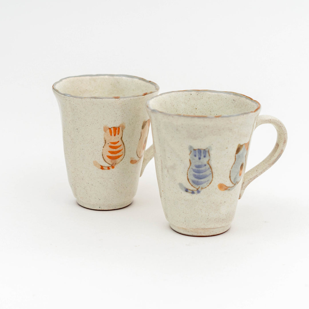 Seto Yaki Handcrafted Cat Mug with Three Hand-Drawn Cat Silhouettes on Ceramic Surface