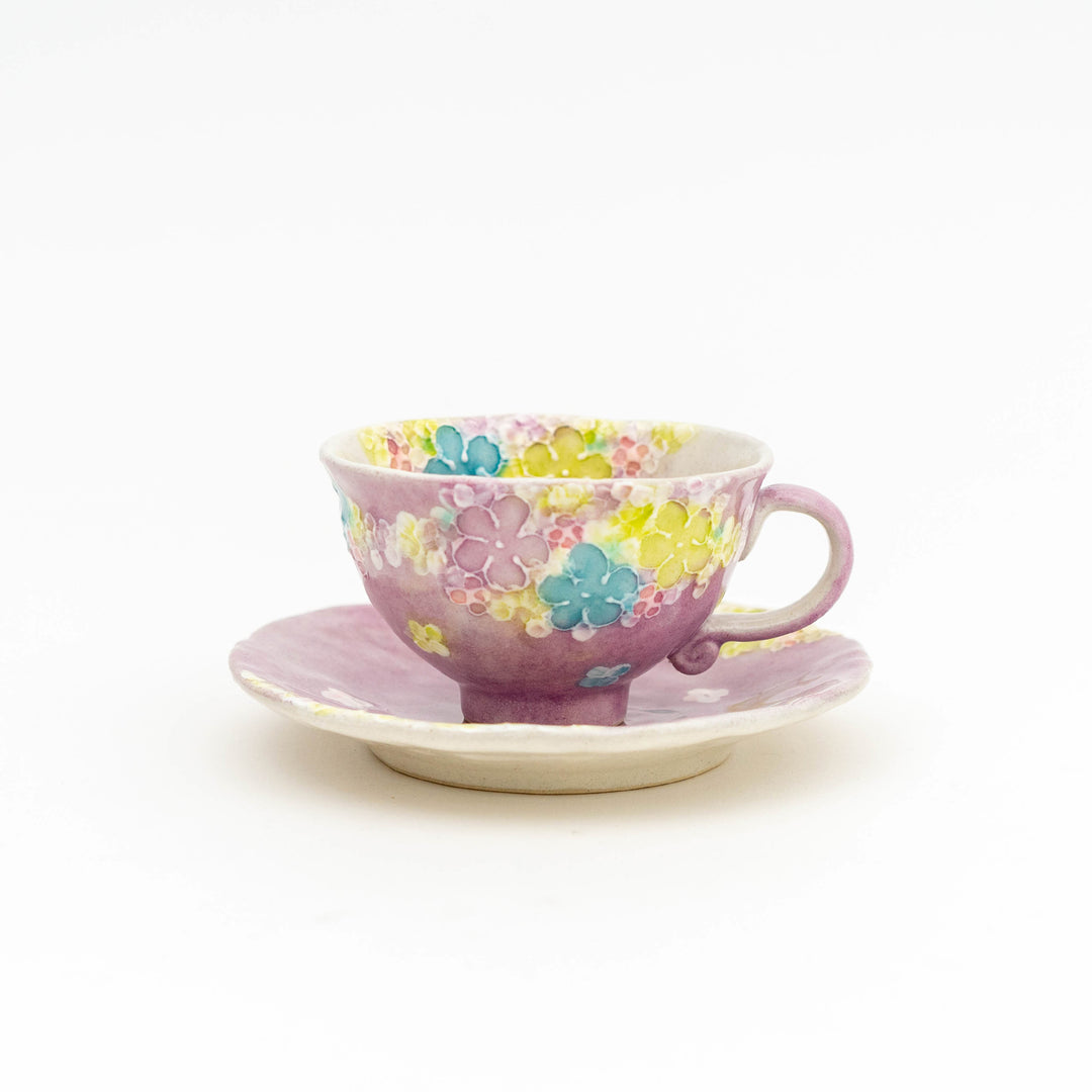 Handcrafted  Flower Coffee Cup and Plate Set - Purple