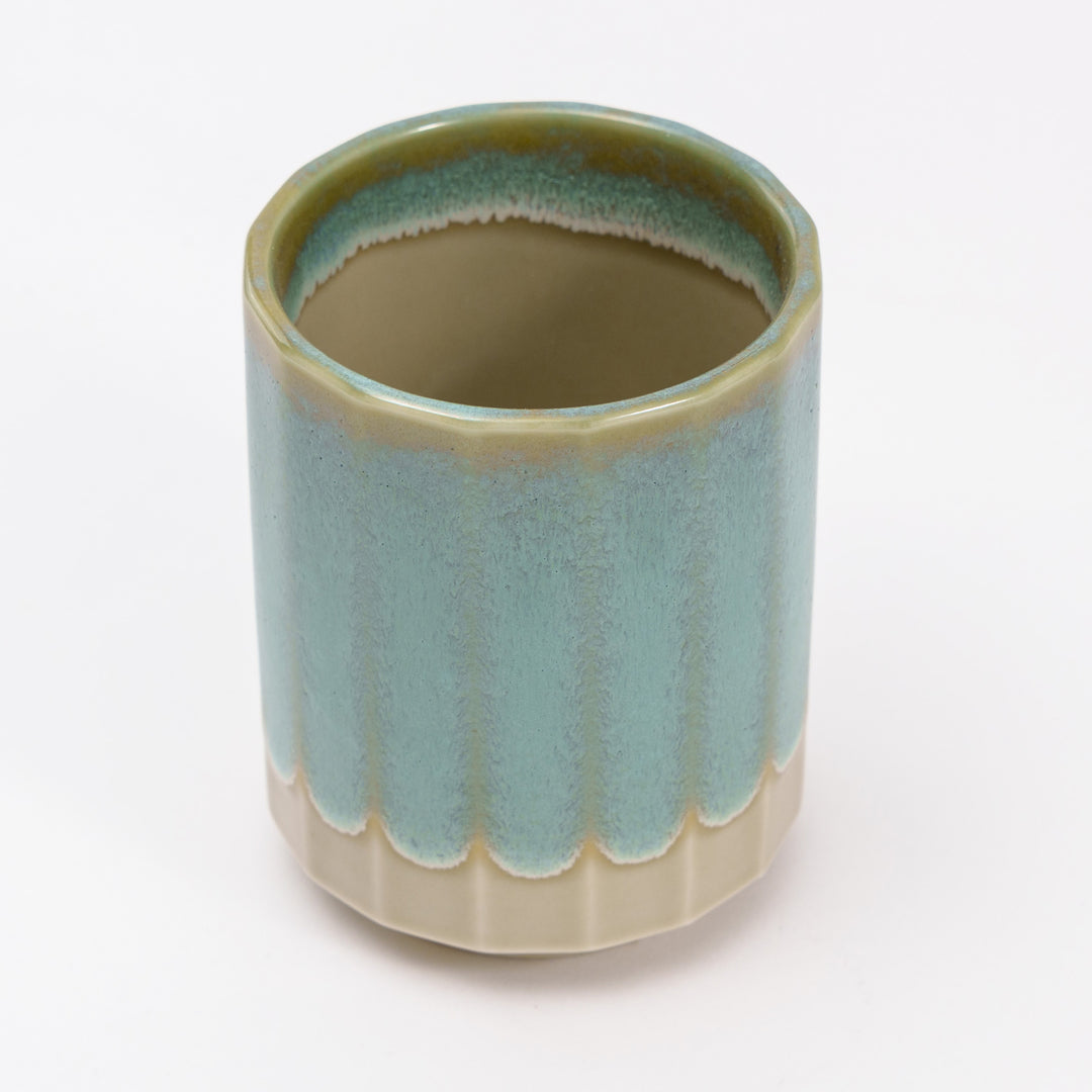 Mino Ware Japanese Tea Cup with Beige with Light Green Wave-Like Rim