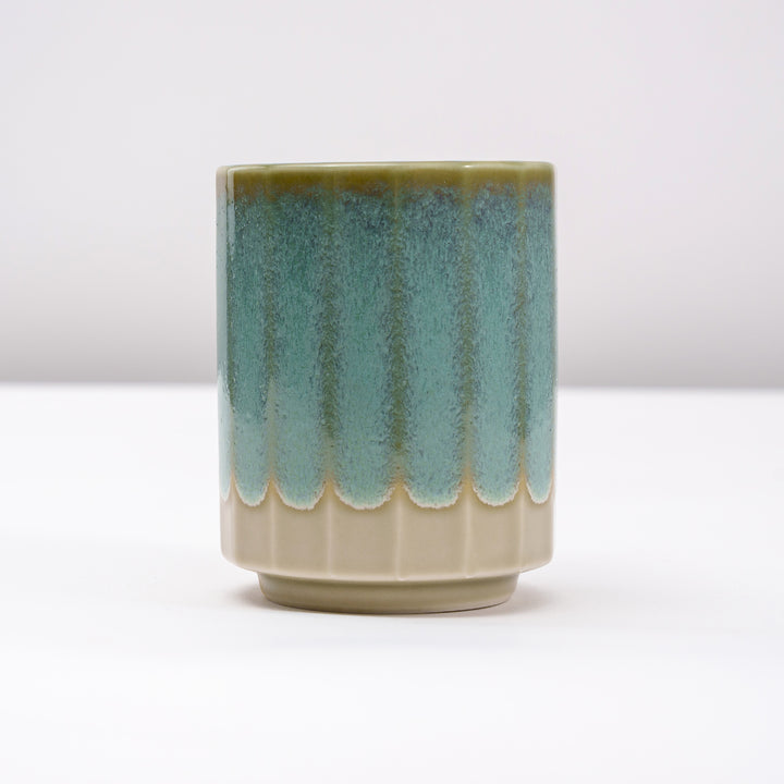 Mino Ware Japanese Tea Cup with Beige with Light Green Wave-Like Rim