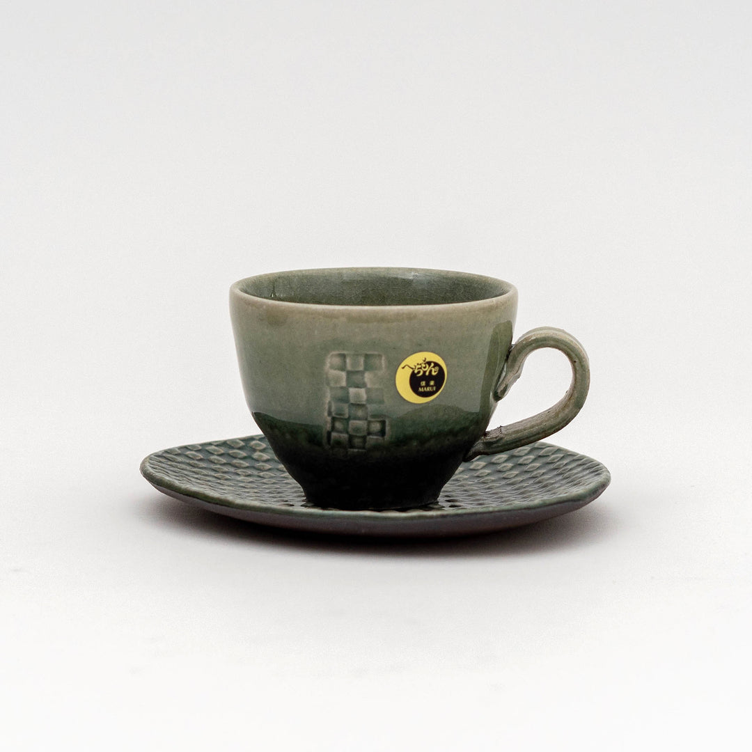 Japanese Shigaraki Ware Handmade Mosaic Coffee Cup and Saucer Gift Set Olive Green