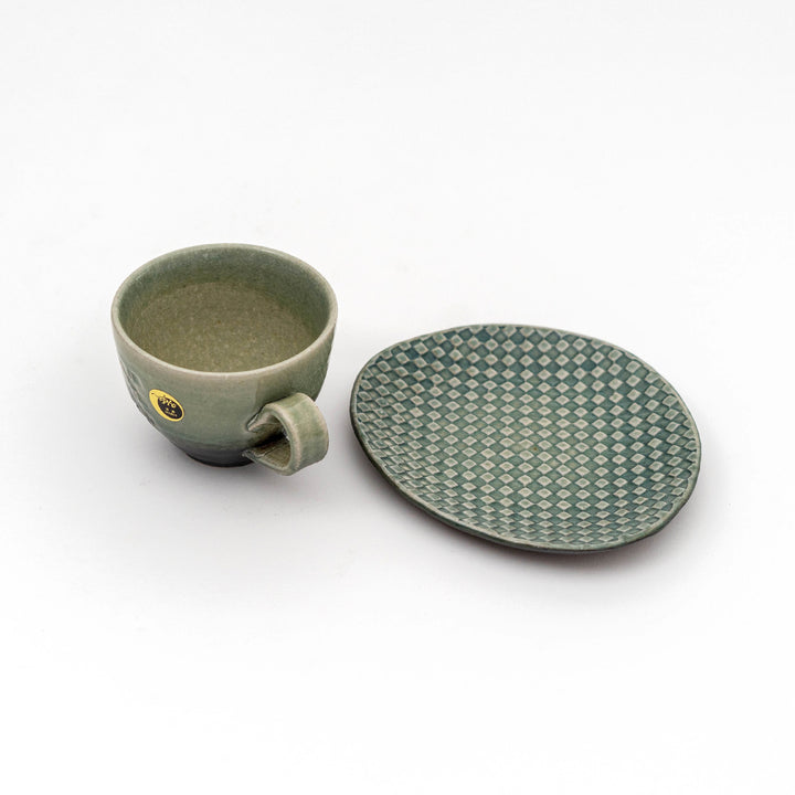 Japanese Shigaraki Ware Handmade Mosaic Coffee Cup and Saucer Gift Set Olive Green