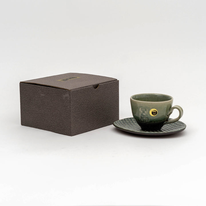 Japanese Shigaraki Ware Handmade Mosaic Coffee Cup and Saucer Gift Set Olive Green