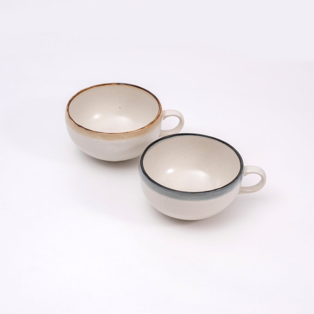 Handmade Mino-yaki Soup Cup with Light Blue Rim / Beige Rim - Authentic Japanese Pottery for Soups, Stews, and Hot Beverages