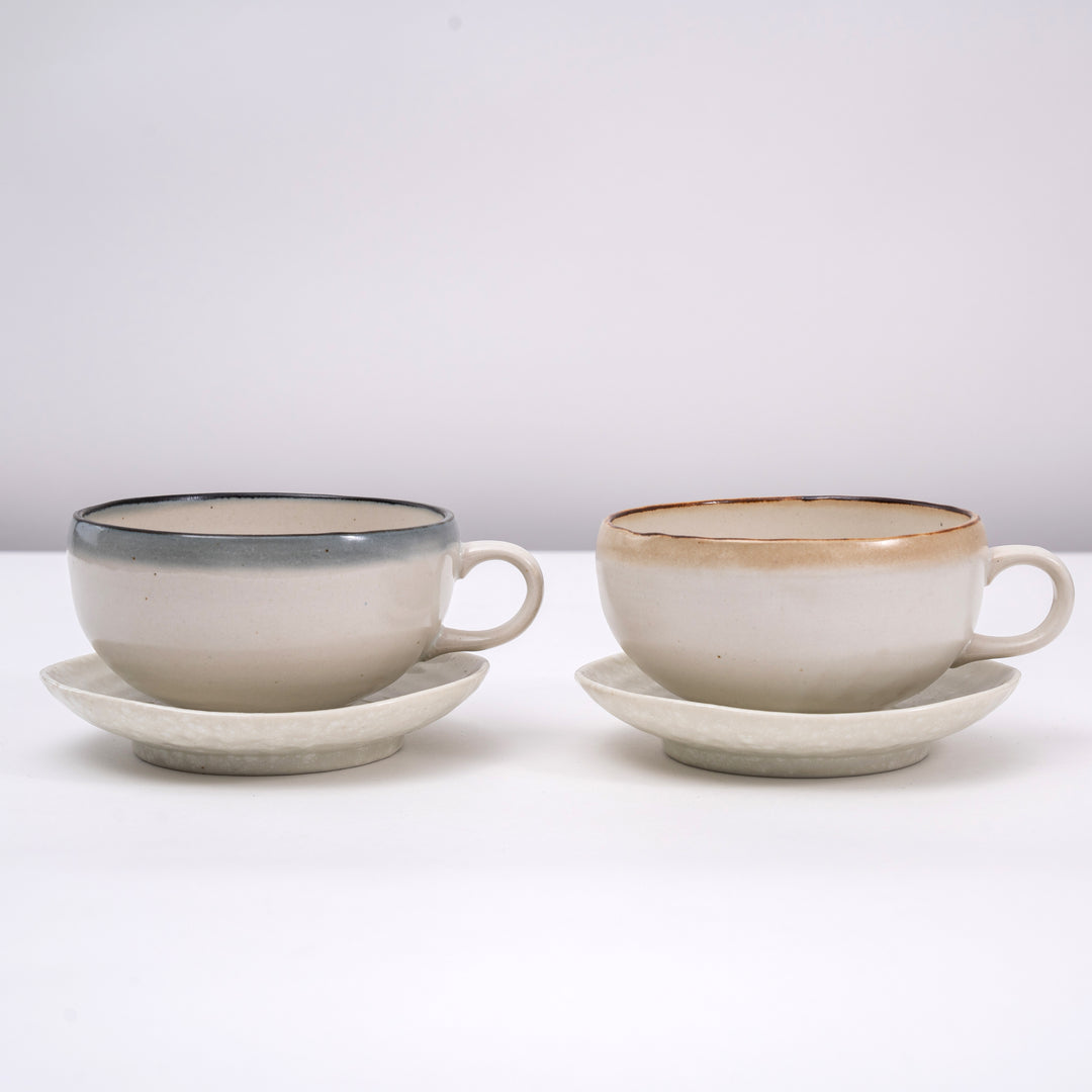 Handmade Mino-yaki Soup Cup with Light Blue Rim / Beige Rim - Authentic Japanese Pottery for Soups, Stews, and Hot Beverages