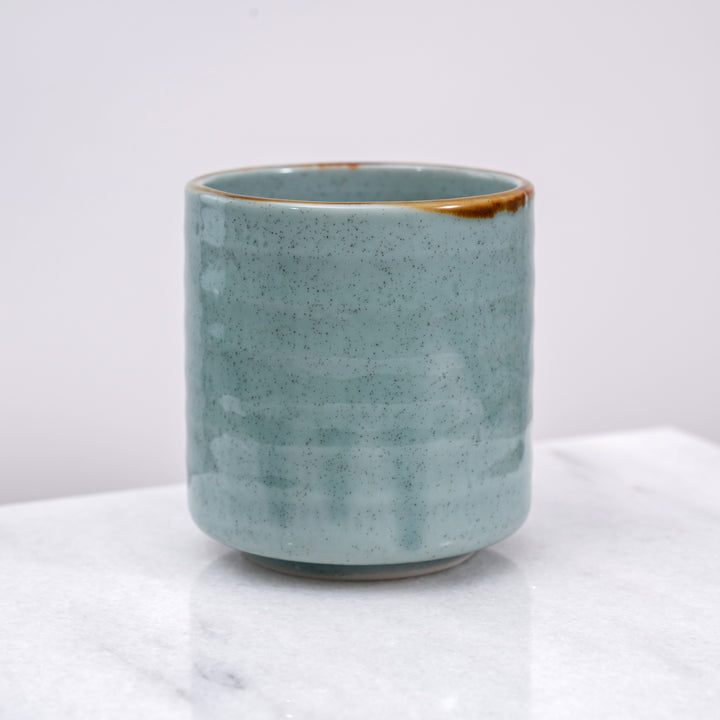 Handcrafted Mino-yaki Japanese Tea Cup with Green Glaze and Brown Rim
