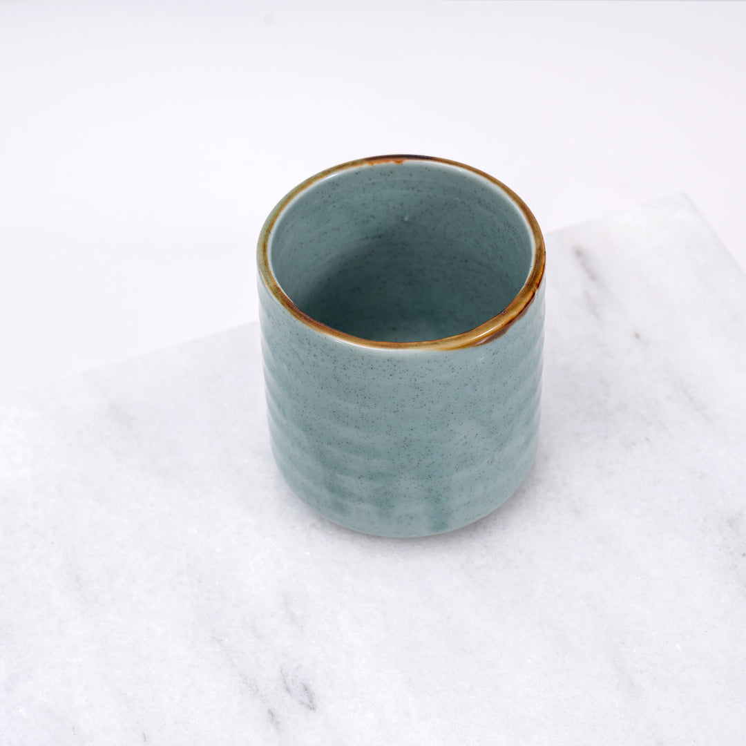 Handcrafted Mino-yaki Japanese Tea Cup with Green Glaze and Brown Rim