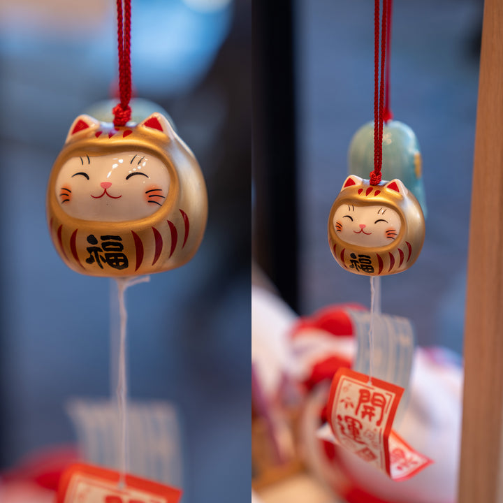 Yakushi Kiln - Lucky Cat Daruma Wind Chime  - Gold Fortune 9561