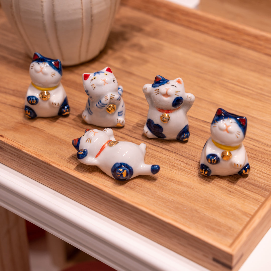 Set of 5 Lucky Cat Chopstick Rest - Hand-Painted Ceramic Holder for Japanese and Asian Dining, Kitchen Decor, and Cat Lovers' Gifts