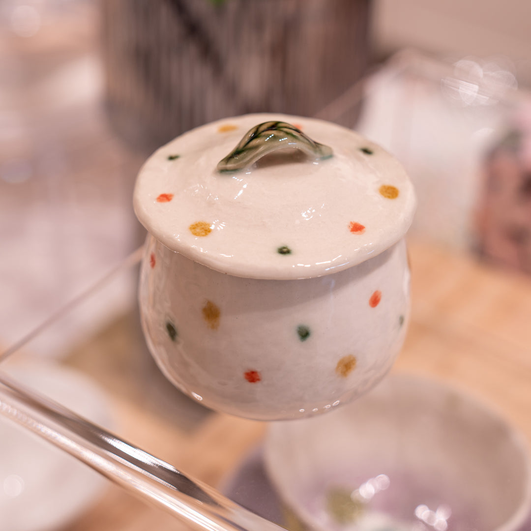 Handmade Seto-Yaki Colorful Polka Dot Ceramic Cup with Lid Chawanmushi Bowl