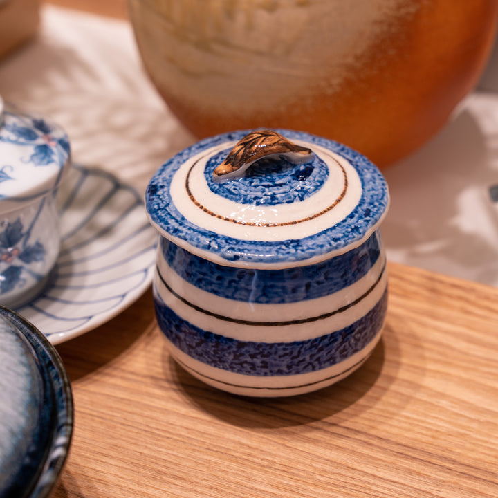 Handmade Seto-Yaki Blue Wide Striped Cup with Lid Chawanmushi Bowl