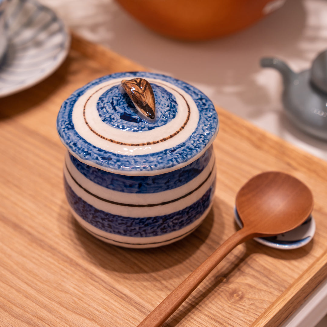 Handmade Seto-Yaki Blue Wide Striped Cup with Lid Chawanmushi Bowl