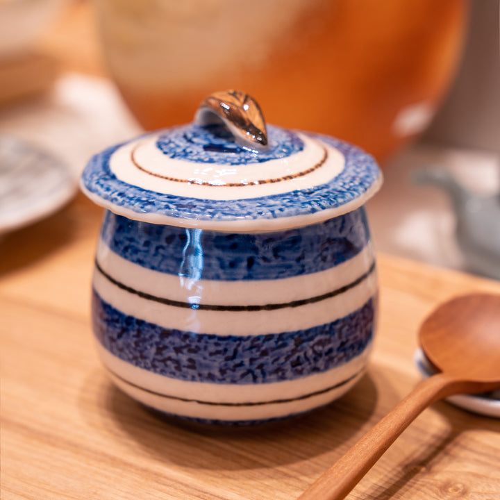 Handmade Ceramic Blue and Brown Line Chawanmushi bowl and lid, 濑户烧茶碗蒸