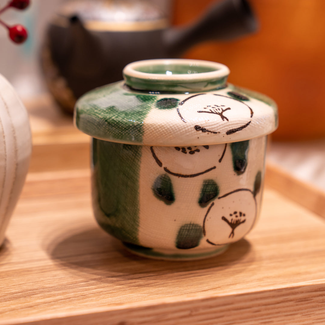 Japanese Handmade Seto Ware Ceramic Oribe Camellia Chanwamushi Cup with Lid 