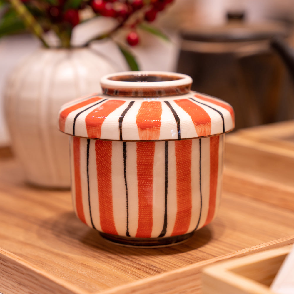 handmade Japanese Ceramic Chawanmushi Cup with Lid Red and Brown stripes
