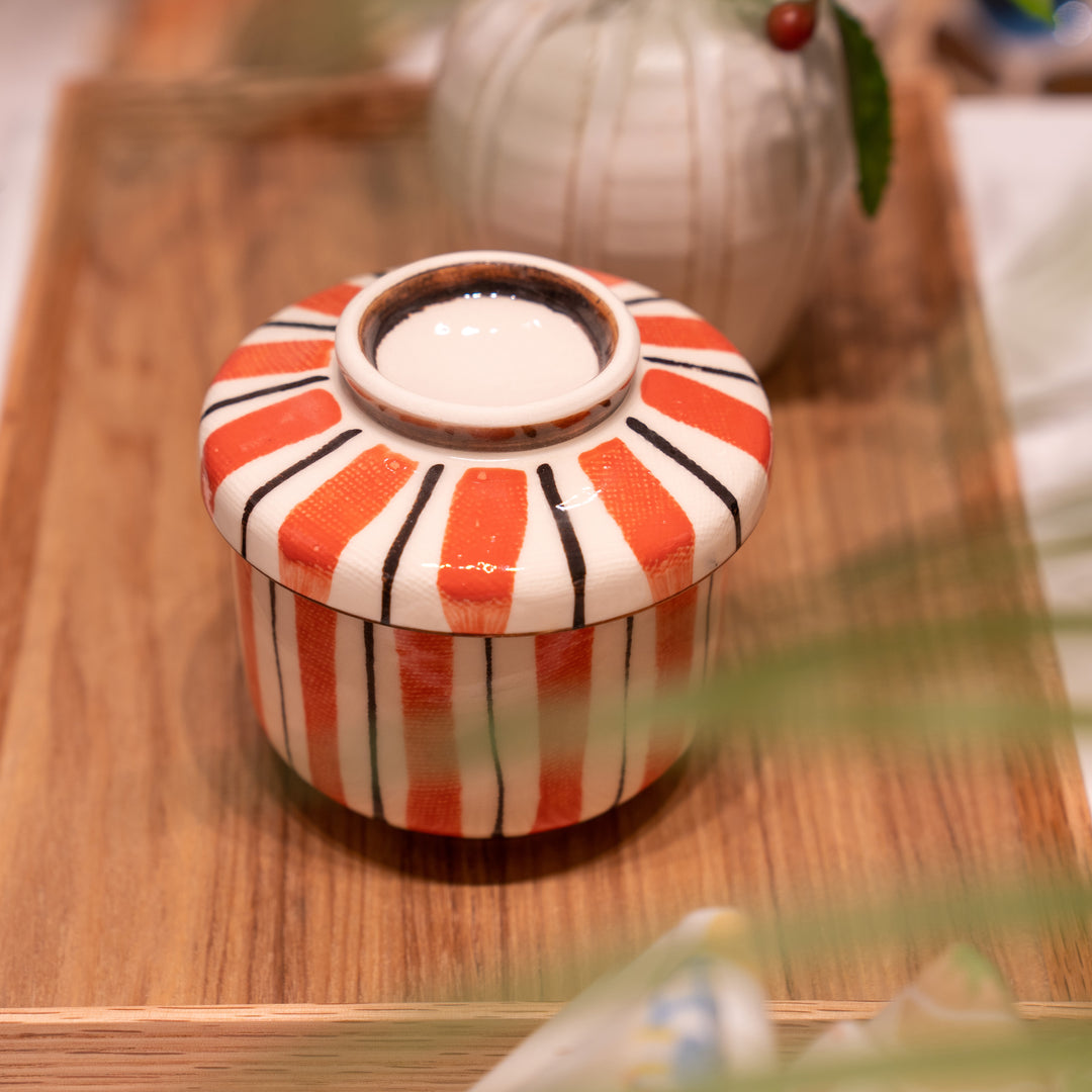 Handmade Seto-Yaki Blue Wide Striped Ceramic Cup with Lid Chawanmushi Bowl