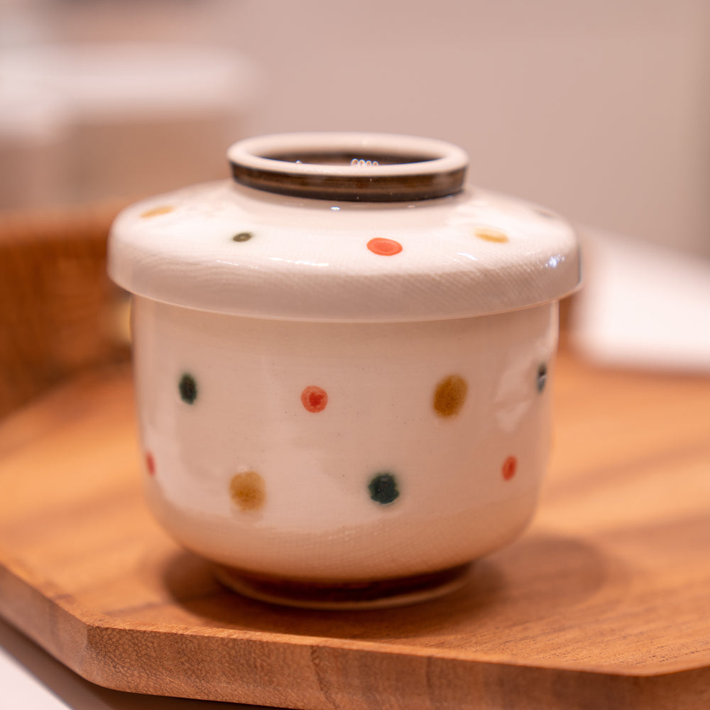 Handmade Japanese Chawanmushi Cup with Lid Polka Dots Made in Japan