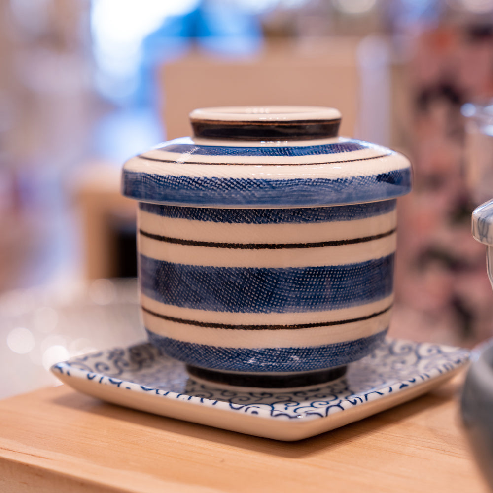 handmade blue stripes chanwamushi bowl with lid