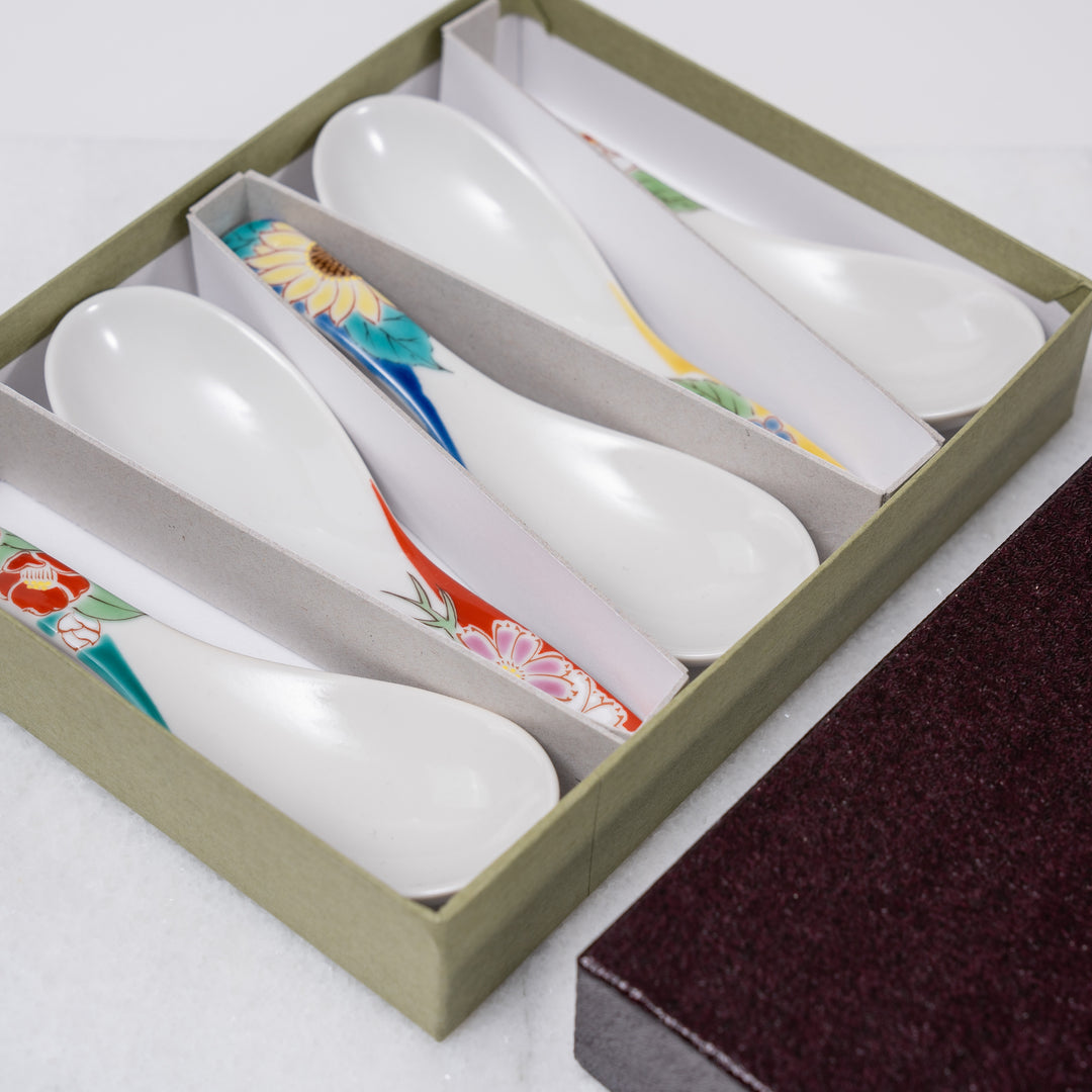 Set of 5pcs Handmade Kutani Ware Four Seasons Flower Spoon Gift Set 九谷青郊窯
