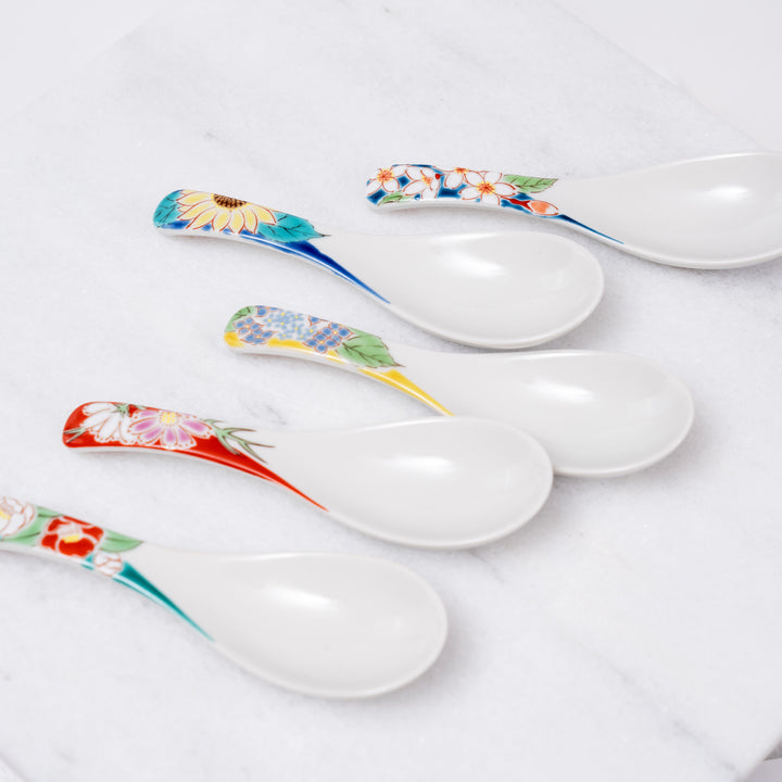 Set of 5pcs Handmade Kutani Ware Four Seasons Flower Spoon Gift Set 九谷青郊窯