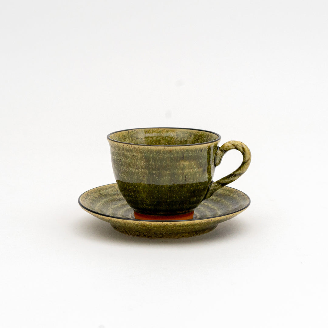 Mino Ware Handmade Coffee Cup and Saucer - Olive