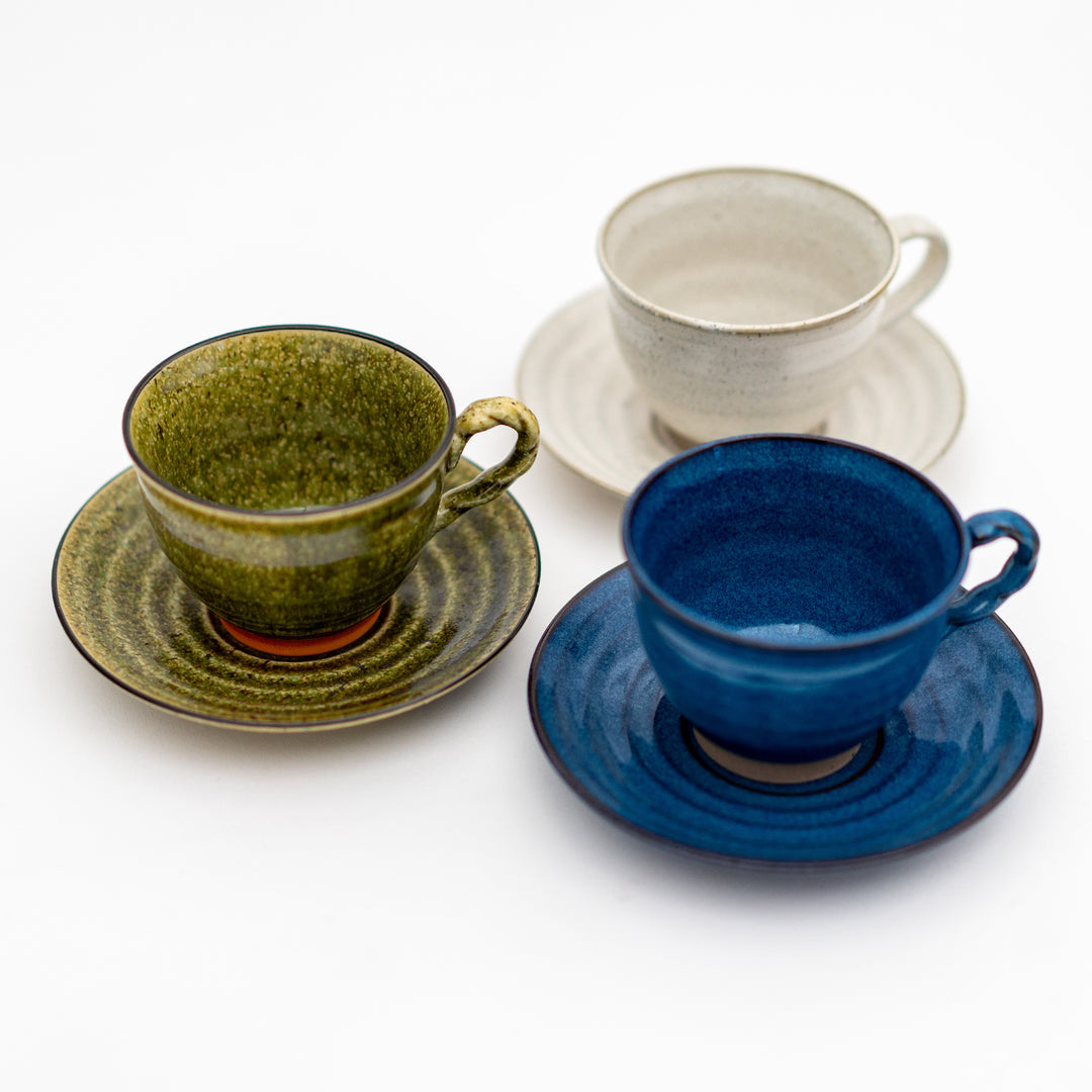 Mino Ware Handmade Coffee Cup and Saucer - Olive