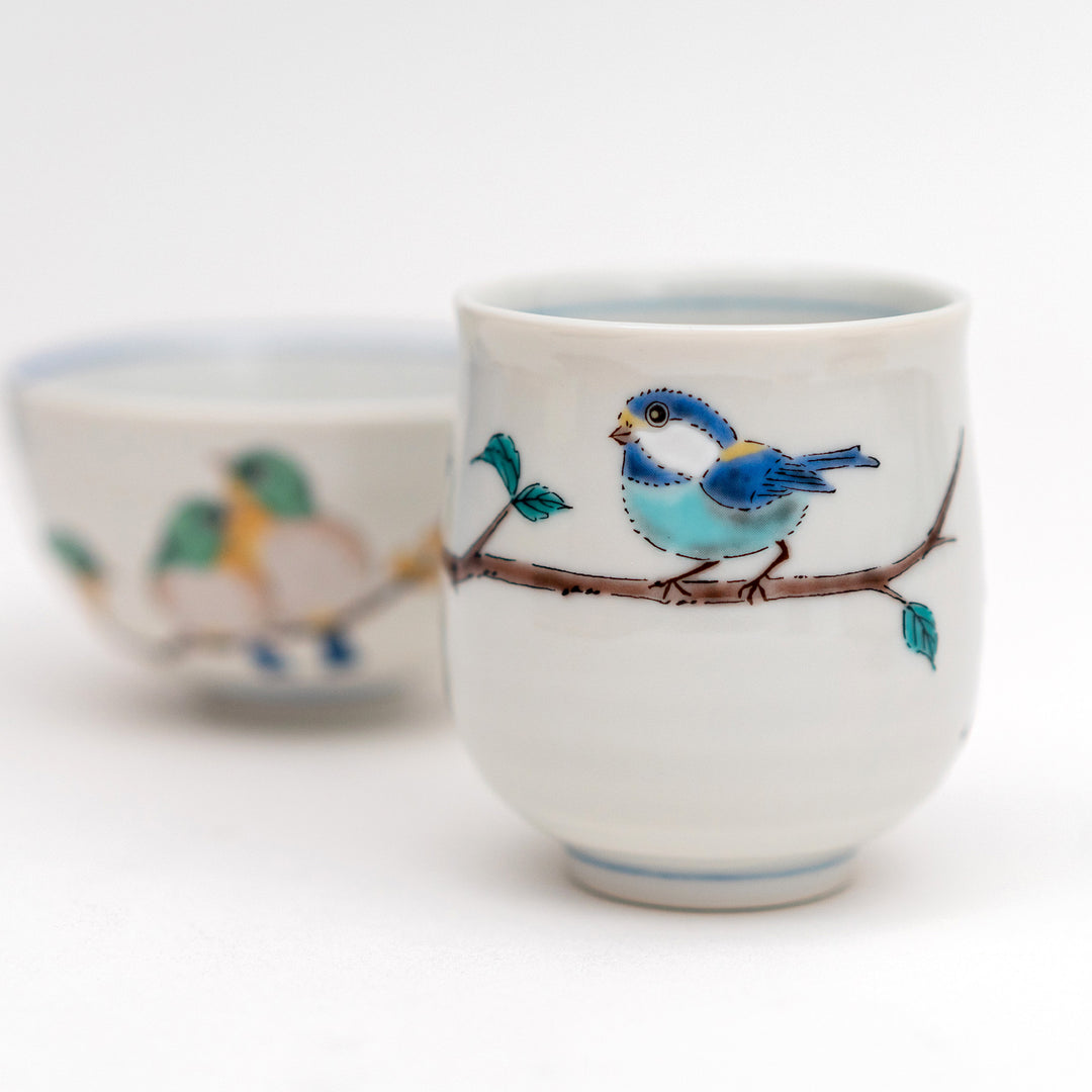 SEIKAGAMA Kutani Ware Handmade Yamagara（Varied Tit)  Japanese Tea Cup Bowl and Plate