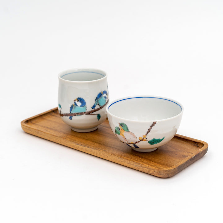 SEIKAGAMA Kutani Ware Handmade Yamagara（Varied Tit)  Japanese Tea Cup Bowl and Plate