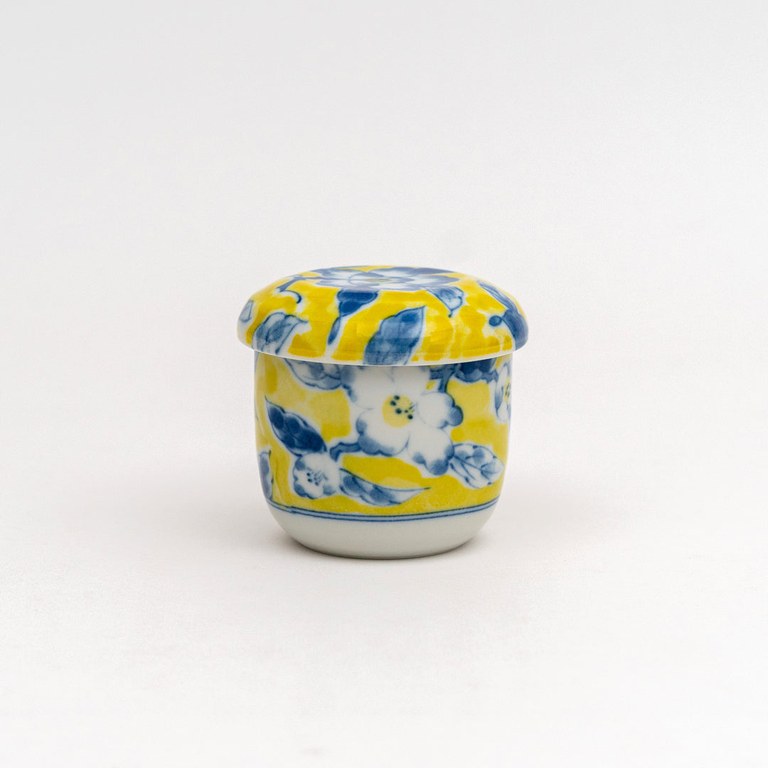 Japanese Chawanmushi Cup with lid Yelow with Camellia Design  made in Japan 