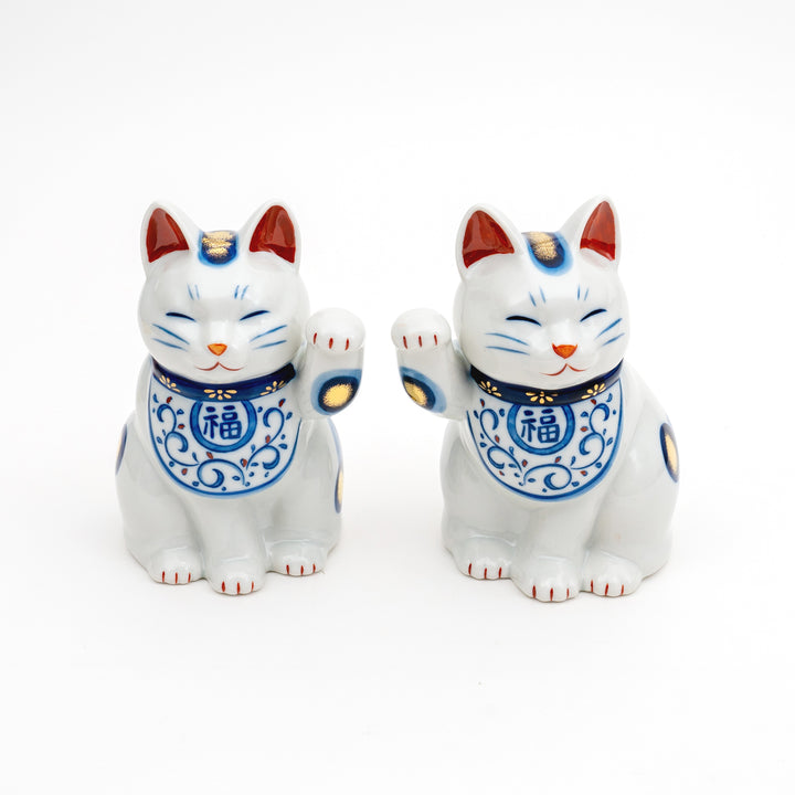 Handmade Yakushi Kiln Somenishiki Arabesque Maneki-Neko Lucky Cat - Beckoning Fortune Cat for Good Luck and Prosperity
