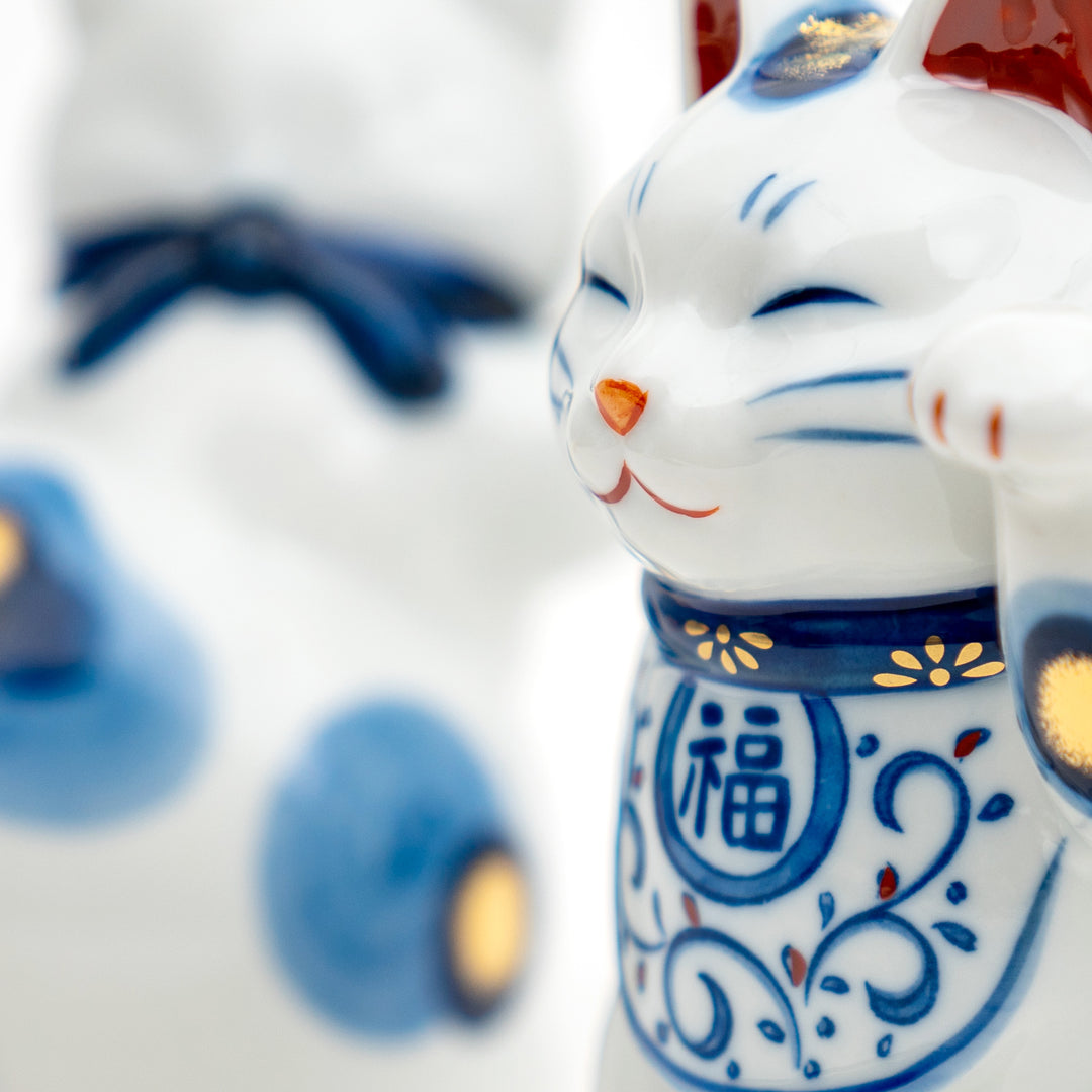 Handmade Yakushi Kiln Somenishiki Arabesque Maneki-Neko Lucky Cat - Beckoning Fortune Cat for Good Luck and Prosperity