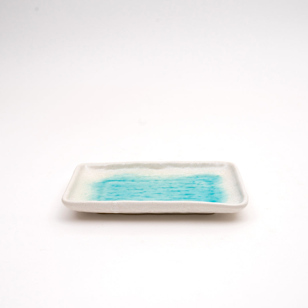 Rectangular Plate Sushi Plate/Butter Dish - Crackle Glaze Light Blue and White /Gloss Black and Grey