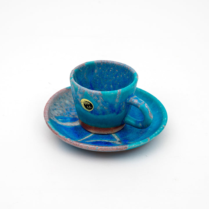 Shigaraki Ware - Handmade Turquoise Espresso Cup and Saucer Gift Set