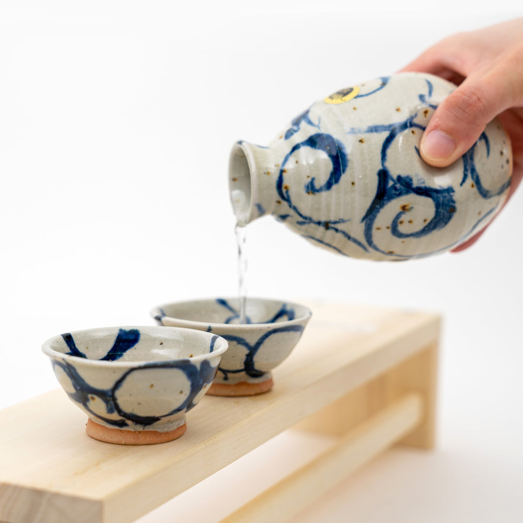Shigaraki Ware - Handmade Blue Brush Sake Bottle Cup Gift Set 3Pcs