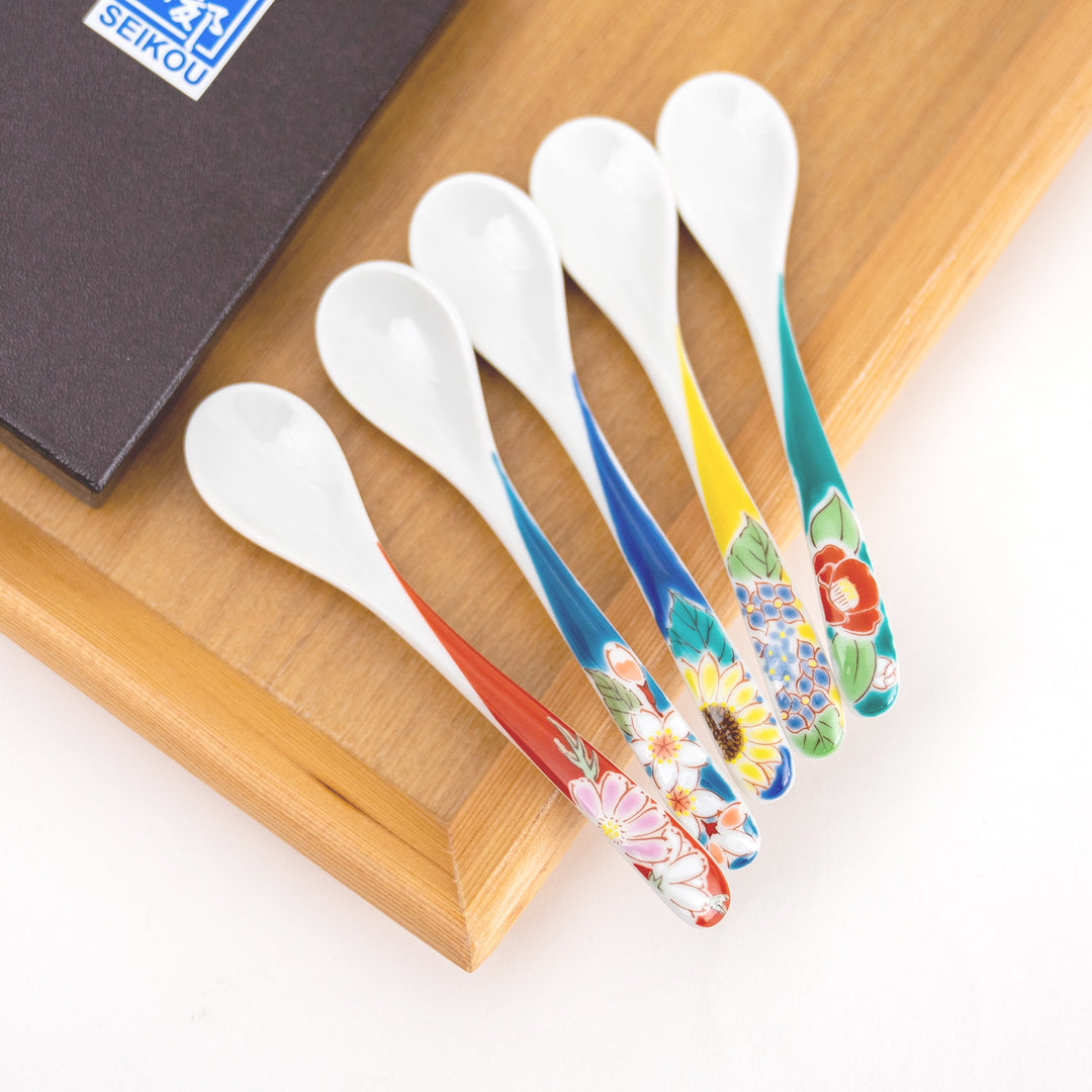 Kutani Yaki Hand-painted Flower Tea Spoon Set of 5