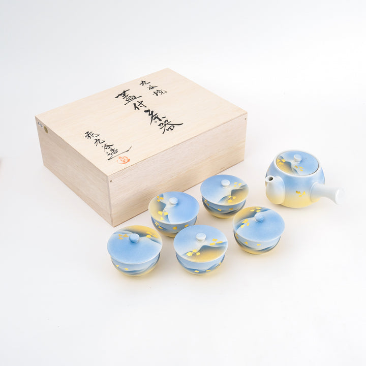 Japanese Kyusu teapot gift set gold blue mountain handpaint 