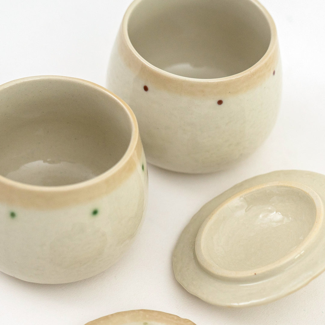 Mino Ware Handmade Chawan-Mushi Grey Dots / Blue Dots