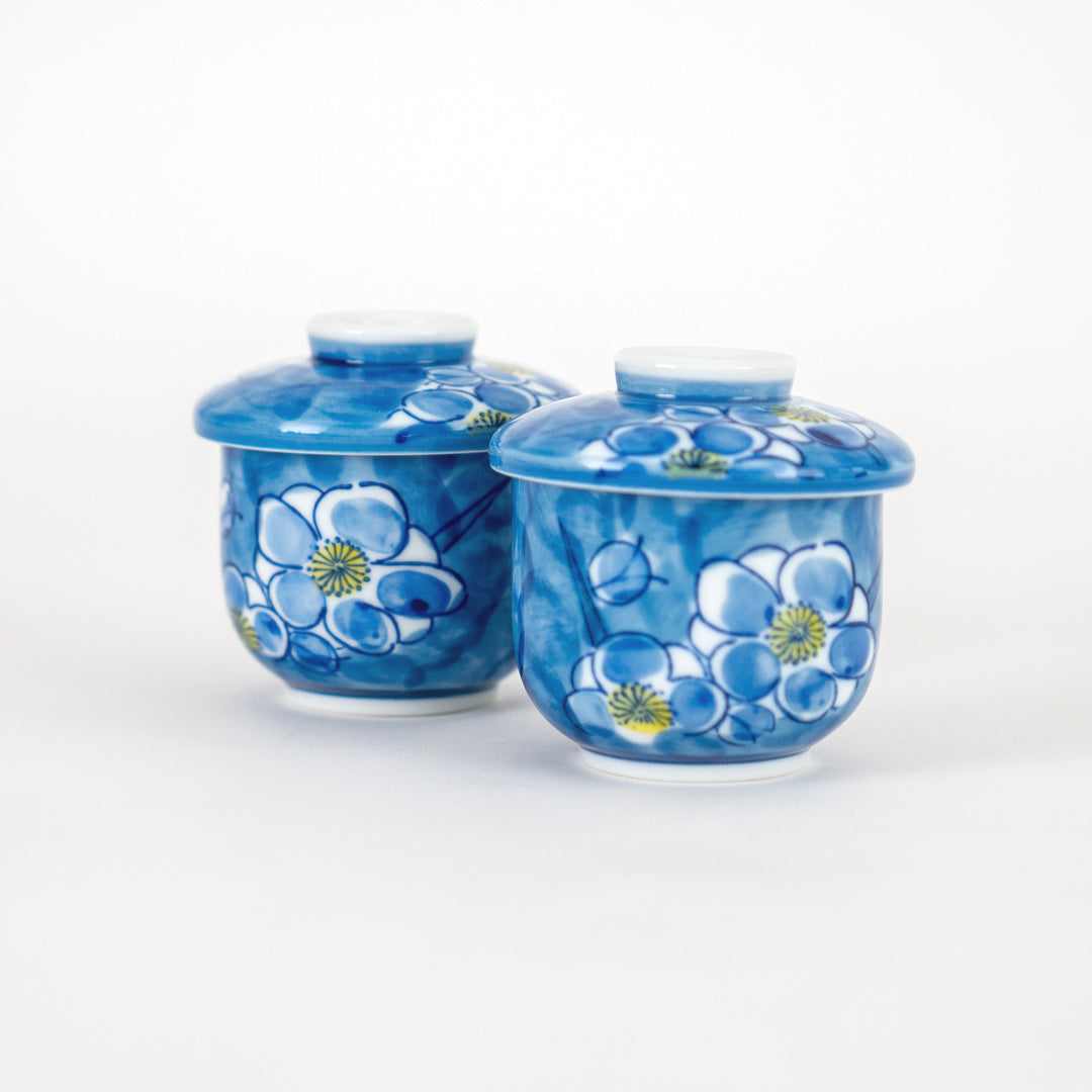 Japanese White Porcelain Blue Flower Chawanmushi Custard Bowl Cup