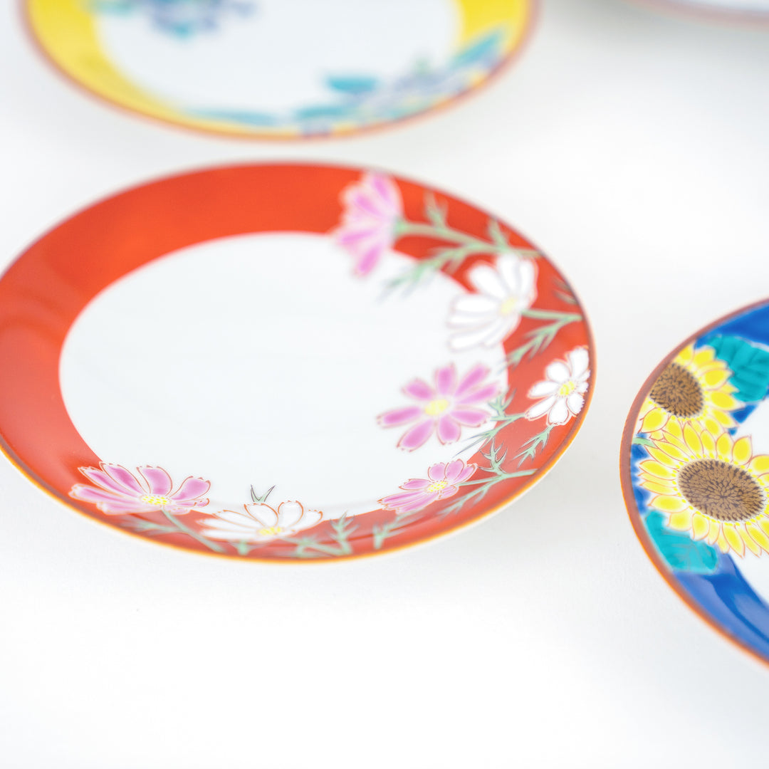 Kutani Yaki Handmade Four Seasons Flower Small Plate Gift Set 5Pcs