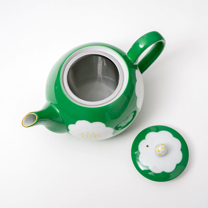 Zoho-gama Handmade White and Green Flower Teapot