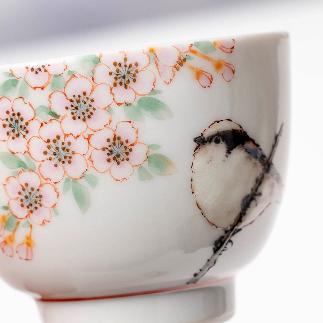 Nakamura Toshihito Kutani Ware Hand-painted Cherry Blossom and Tit Tea Cup